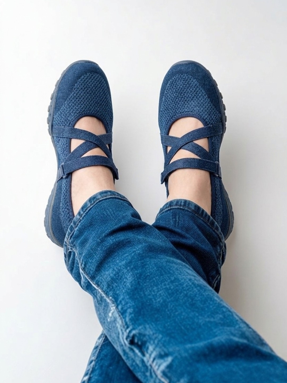 Skechers Navy Knit Cross-Strap Mary Jane Slip-Ons